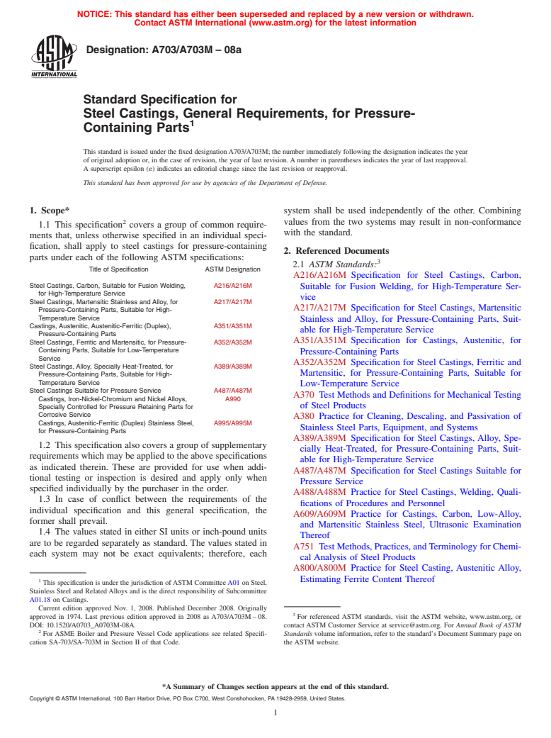 ASTM A703/A703M-08a - Standard Specification for Steel Castings, General Requirements, for Pressure-Containing Parts