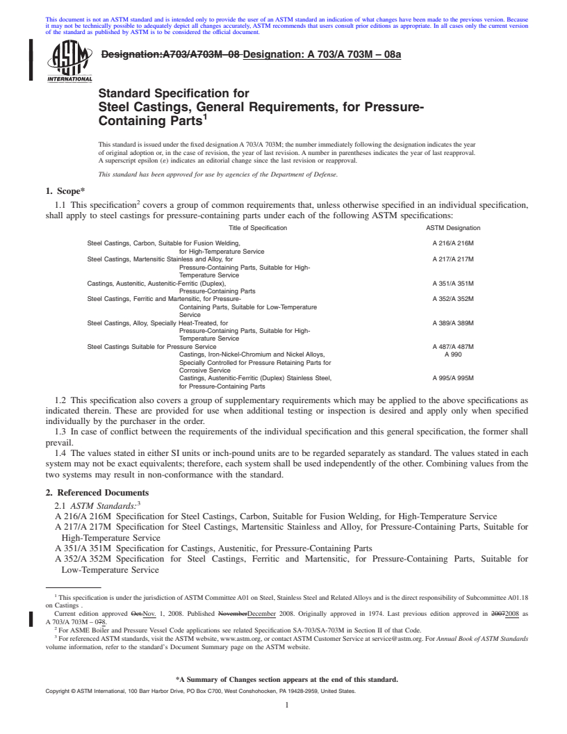 REDLINE ASTM A703/A703M-08a - Standard Specification for Steel Castings, General Requirements, for Pressure-Containing Parts