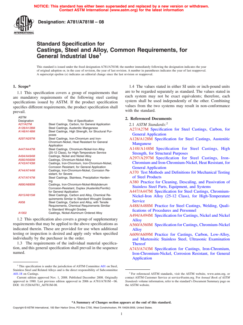 ASTM A781/A781M-08 - Standard Specification for Castings, Steel and Alloy, Common Requirements, for General Industrial Use