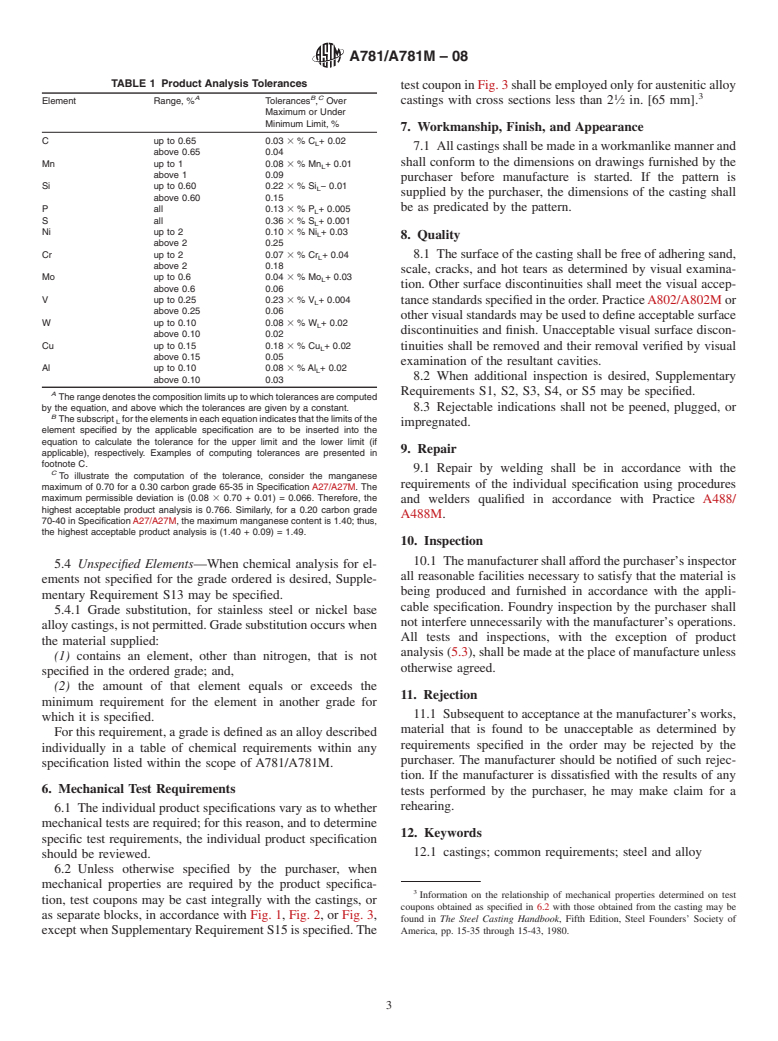 ASTM A781/A781M-08 - Standard Specification for Castings, Steel and Alloy, Common Requirements, for General Industrial Use