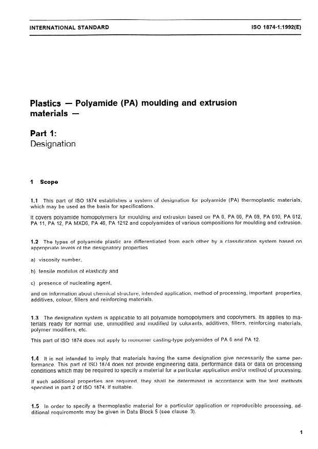 ISO 1874-1:1992 - Plastics -- Polyamide (PA) moulding and extrusion materials