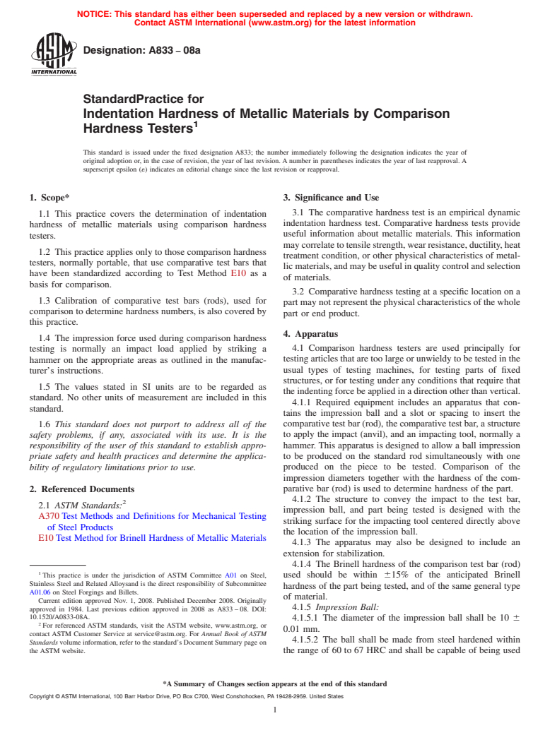 ASTM A833-08a - Standard Practice for  Indentation Hardness of Metallic Materials by Comparison Hardness Testers