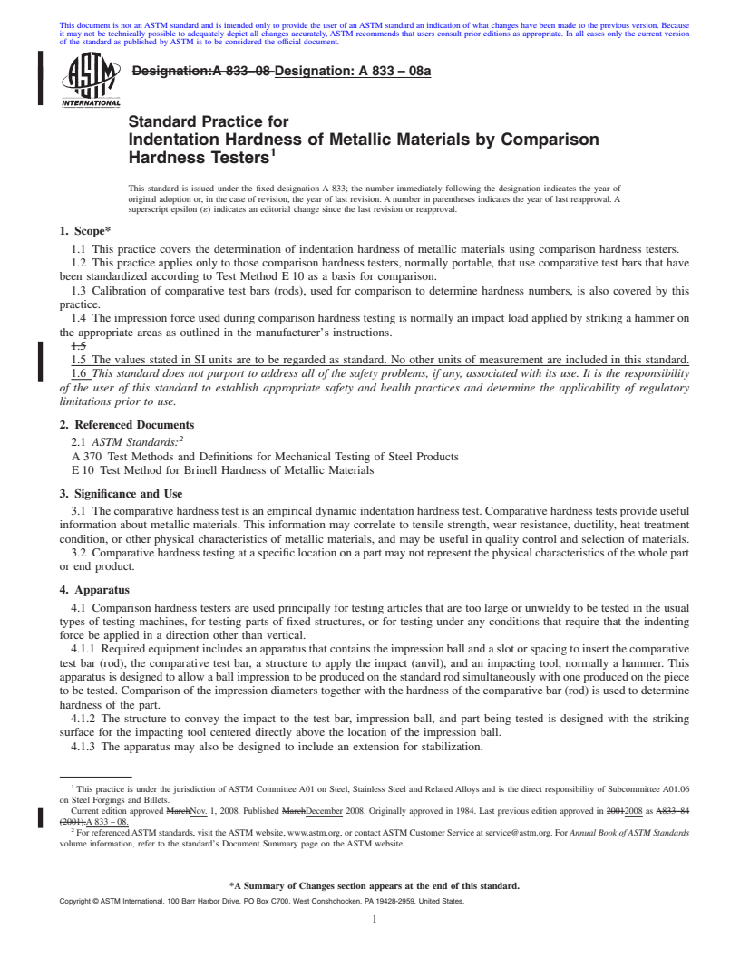 REDLINE ASTM A833-08a - Standard Practice for  Indentation Hardness of Metallic Materials by Comparison Hardness Testers