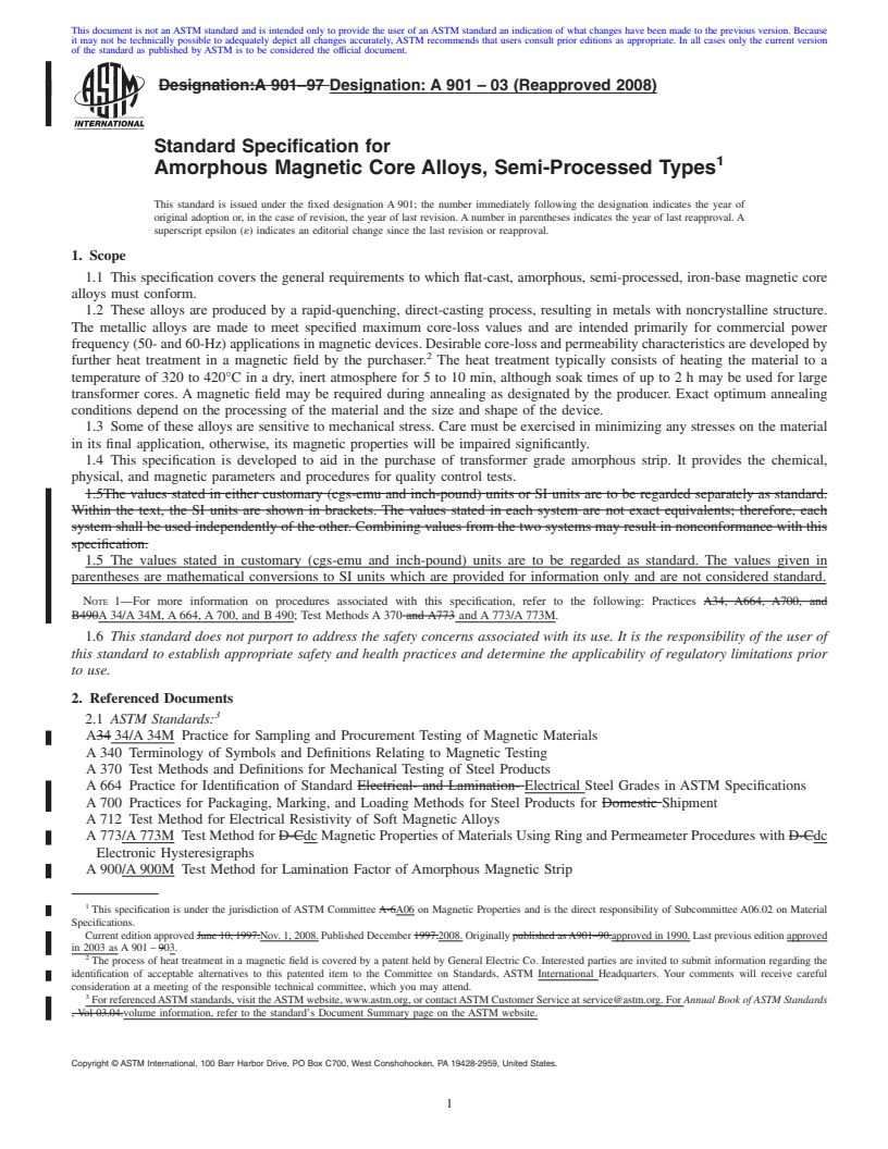 REDLINE ASTM A901-03(2008) - Standard Specification for Amorphous Magnetic Core Alloys, Semi-Processed Types