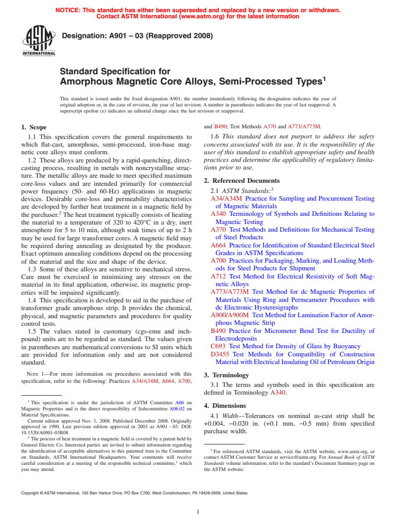 ASTM A901-03(2008) - Standard Specification for Amorphous Magnetic Core Alloys, Semi-Processed Types