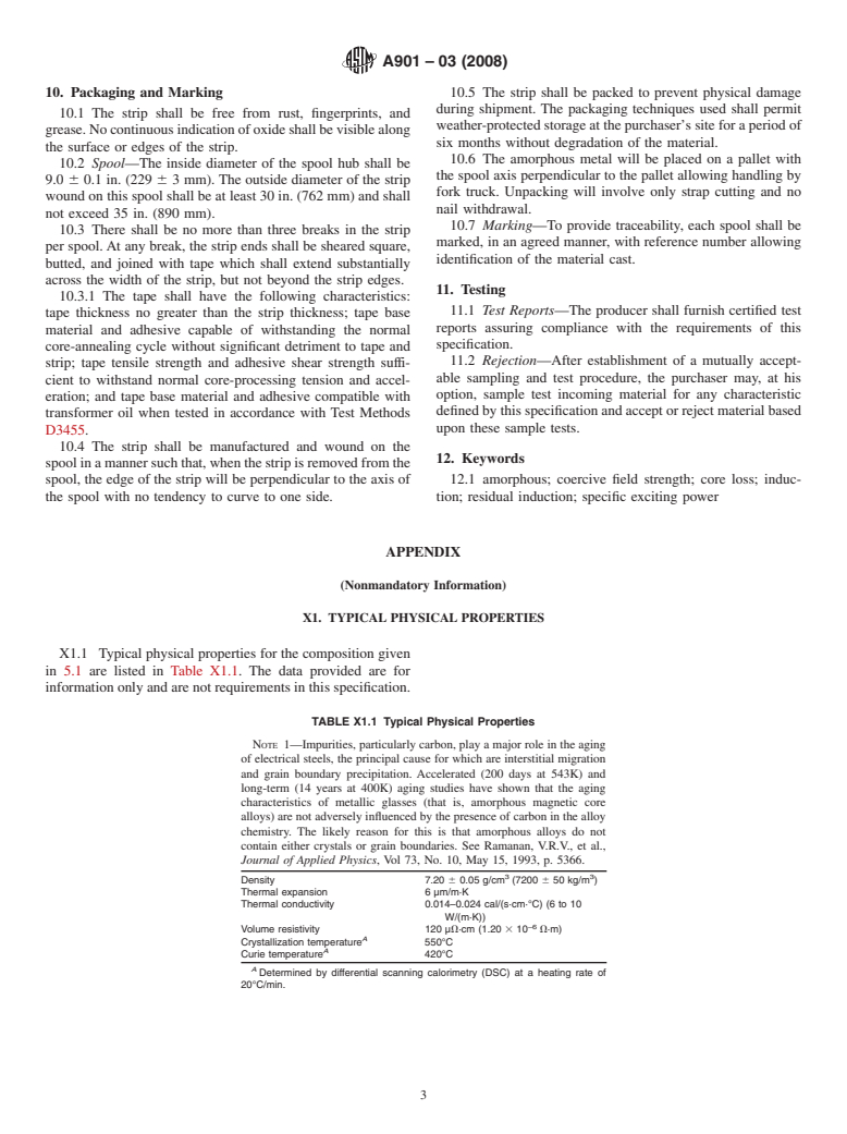 ASTM A901-03(2008) - Standard Specification for Amorphous Magnetic Core Alloys, Semi-Processed Types