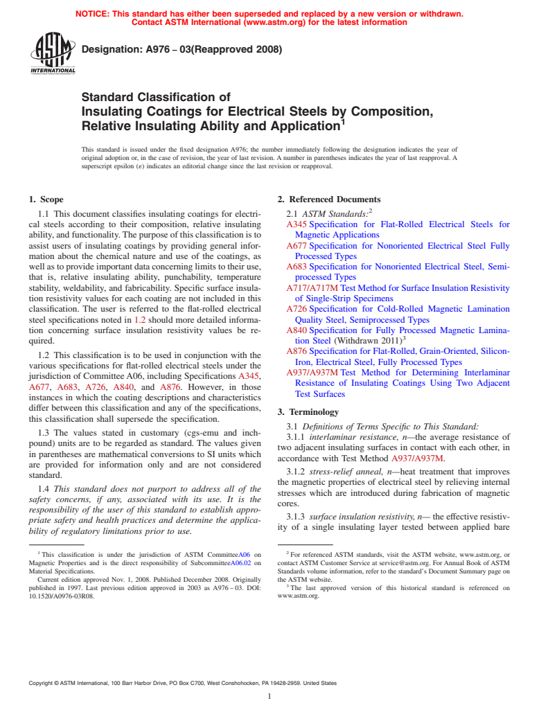 ASTM A976-03(2008) - Standard Classification of Insulating Coatings by Composition, Relative Insulating Ability and Application