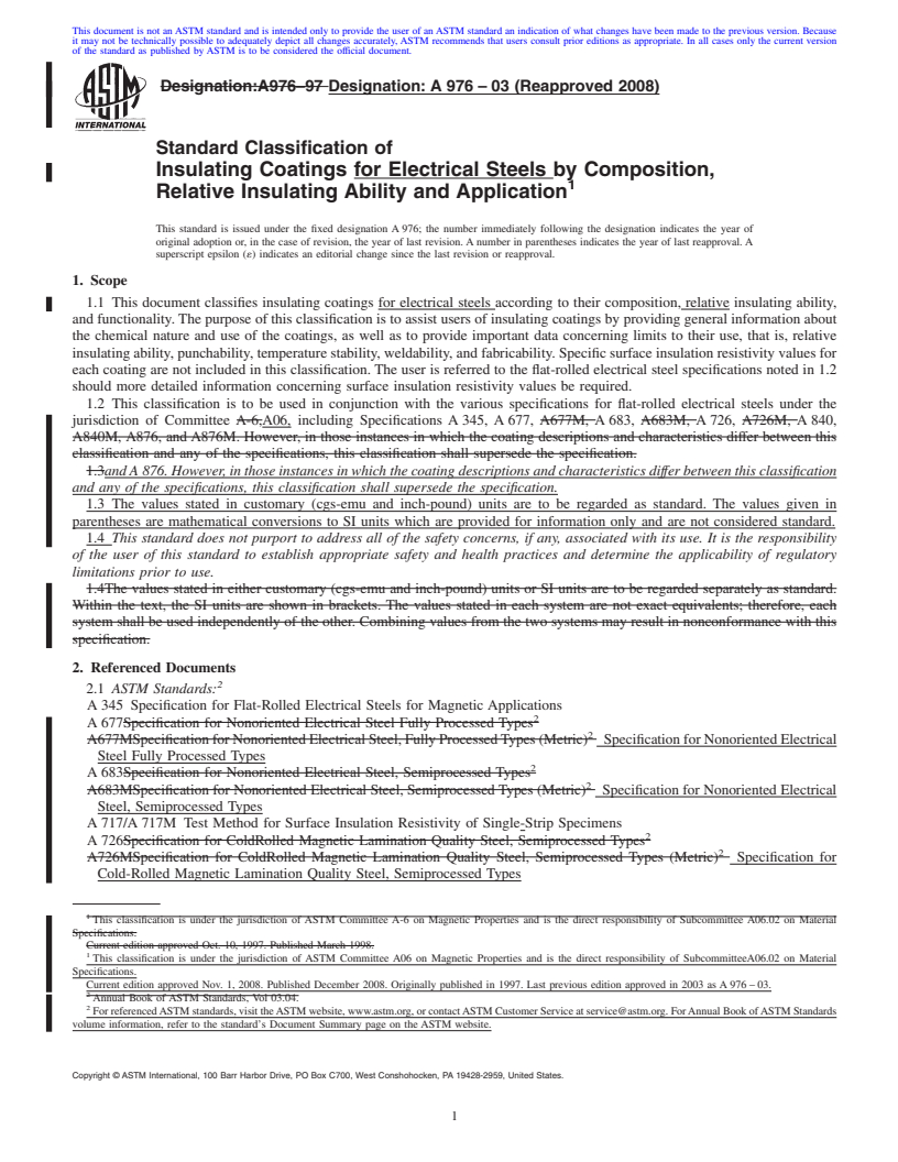 REDLINE ASTM A976-03(2008) - Standard Classification of Insulating Coatings by Composition, Relative Insulating Ability and Application