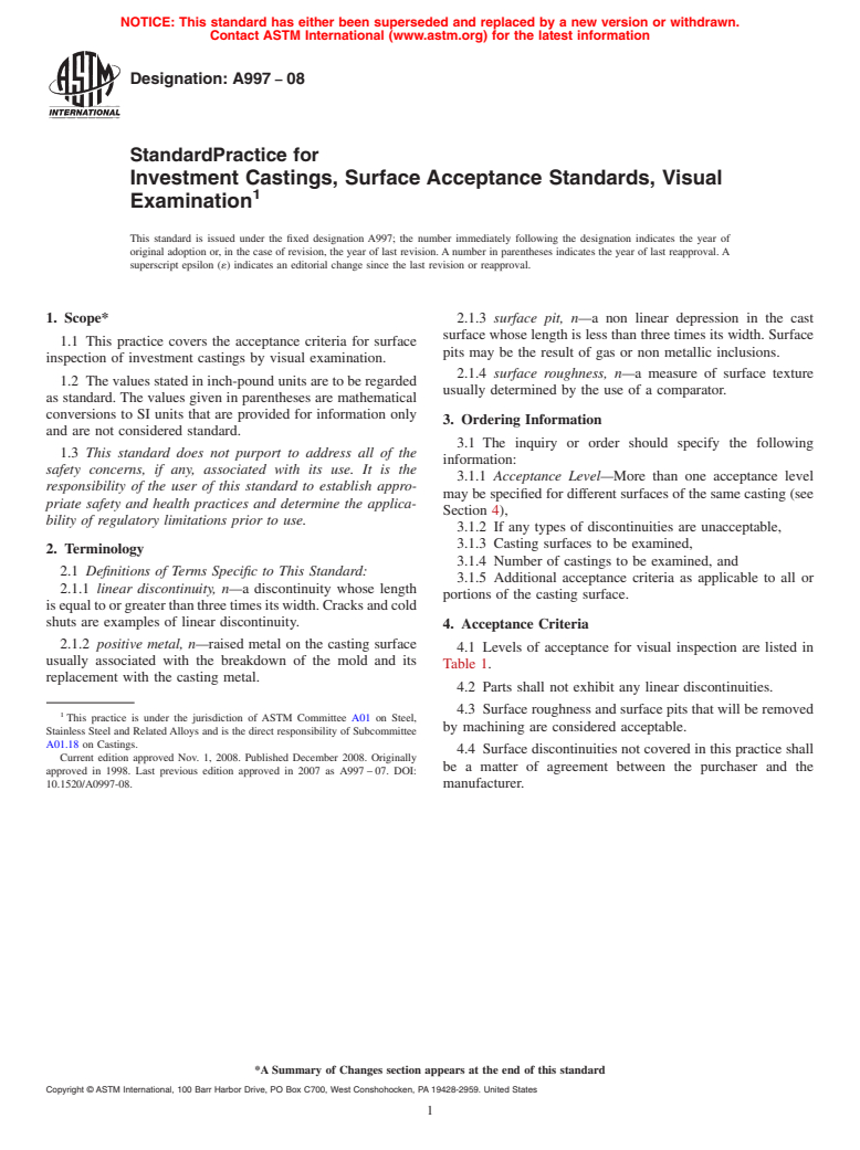 ASTM A997-08 - Standard Practice for Investment Castings, Surface Acceptance Standards, Visual Examination