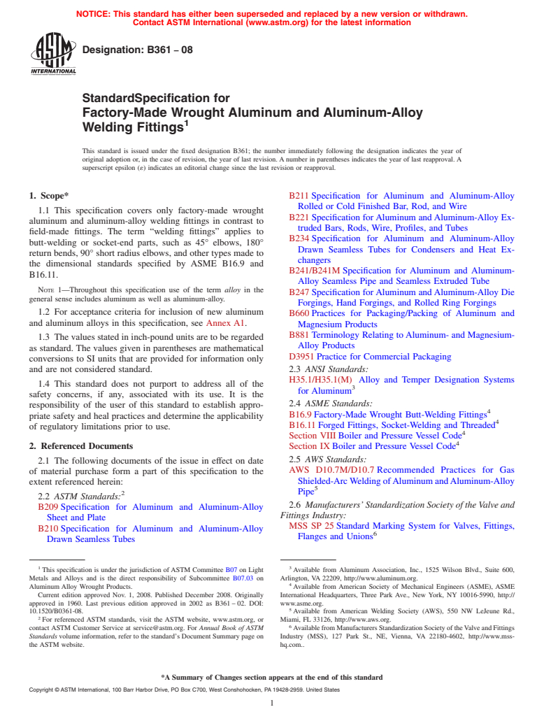 ASTM B361-08 - Standard Specification for Factory-Made Wrought Aluminum and Aluminum-Alloy Welding Fittings