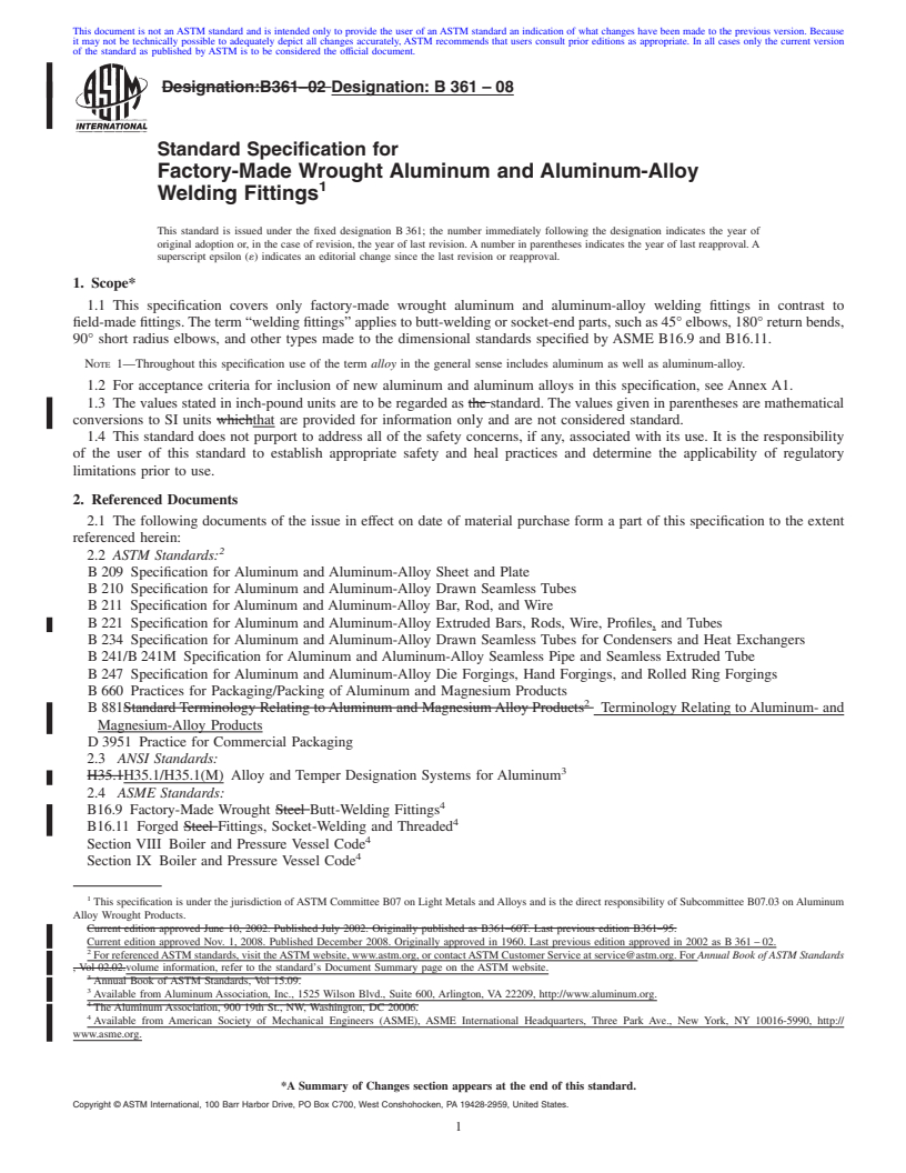 REDLINE ASTM B361-08 - Standard Specification for Factory-Made Wrought Aluminum and Aluminum-Alloy Welding Fittings