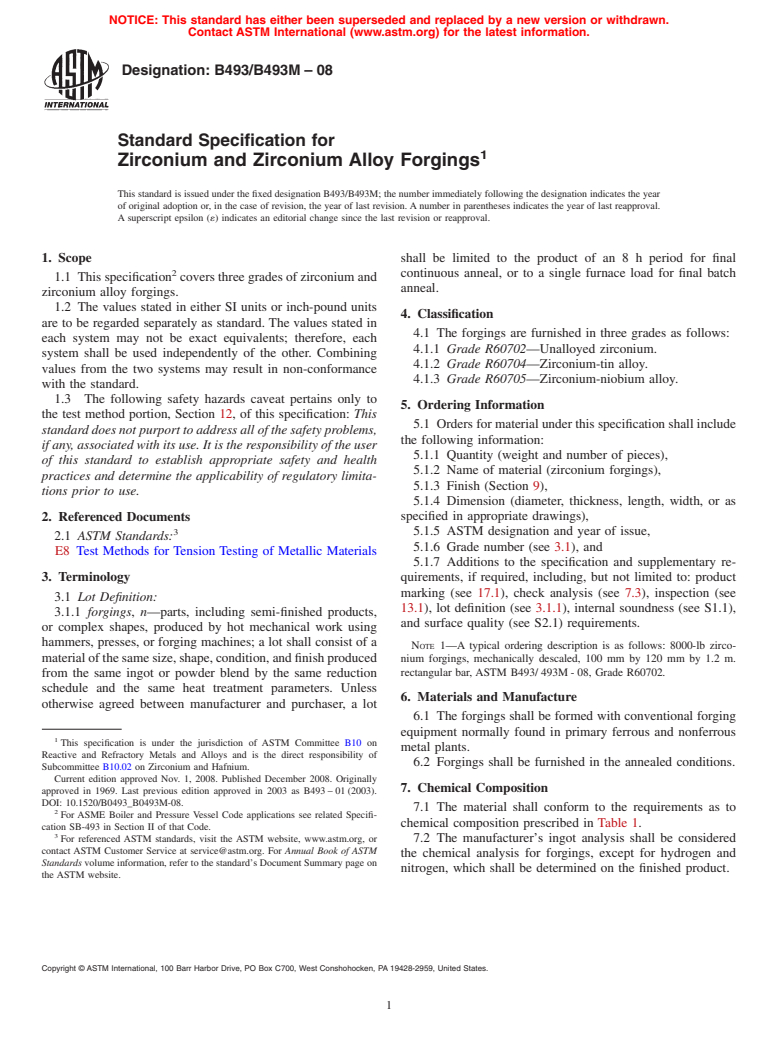 ASTM B493/B493M-08 - Standard Specification for Zirconium and Zirconium Alloy Forgings