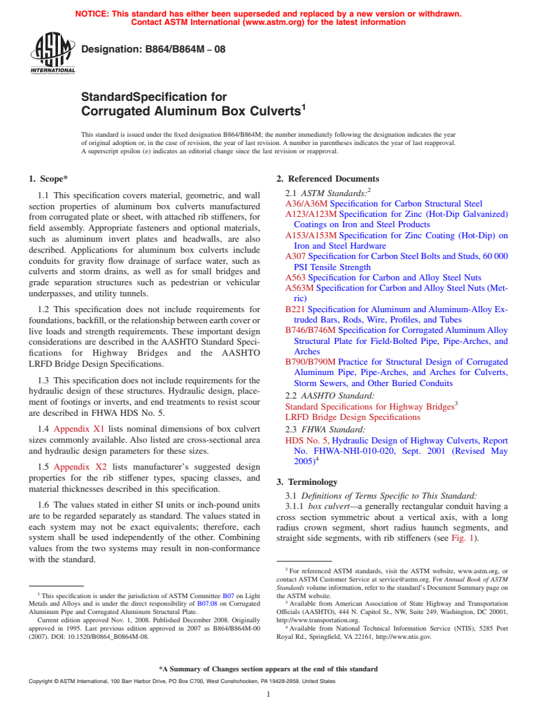 ASTM B864/B864M-08 - Standard Specification for Corrugated Aluminum Box Culverts