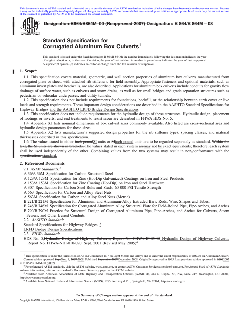 REDLINE ASTM B864/B864M-08 - Standard Specification for Corrugated Aluminum Box Culverts
