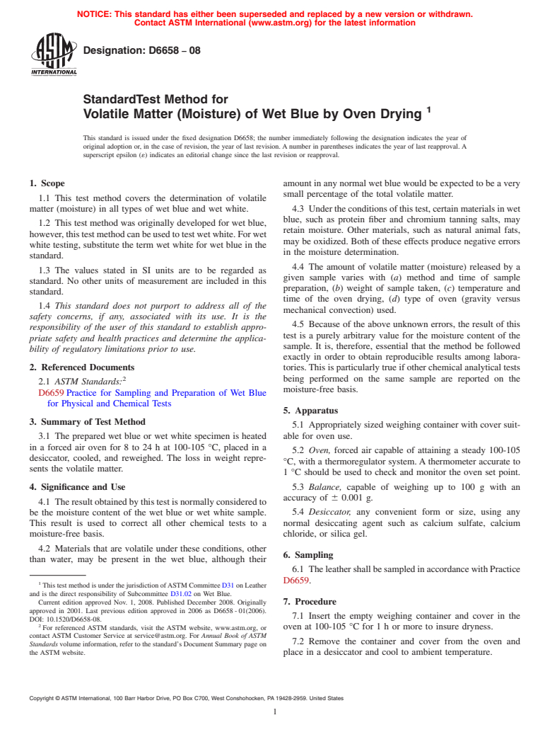 ASTM D6658-08 - Standard Test Method for Volatile Matter (Moisture) of Wet Blue by Oven Drying