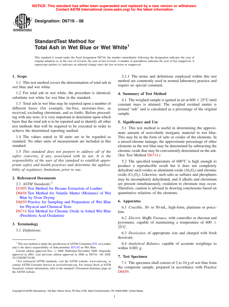 ASTM D6716-08 - Standard Test Method for Total Ash in Wet Blue