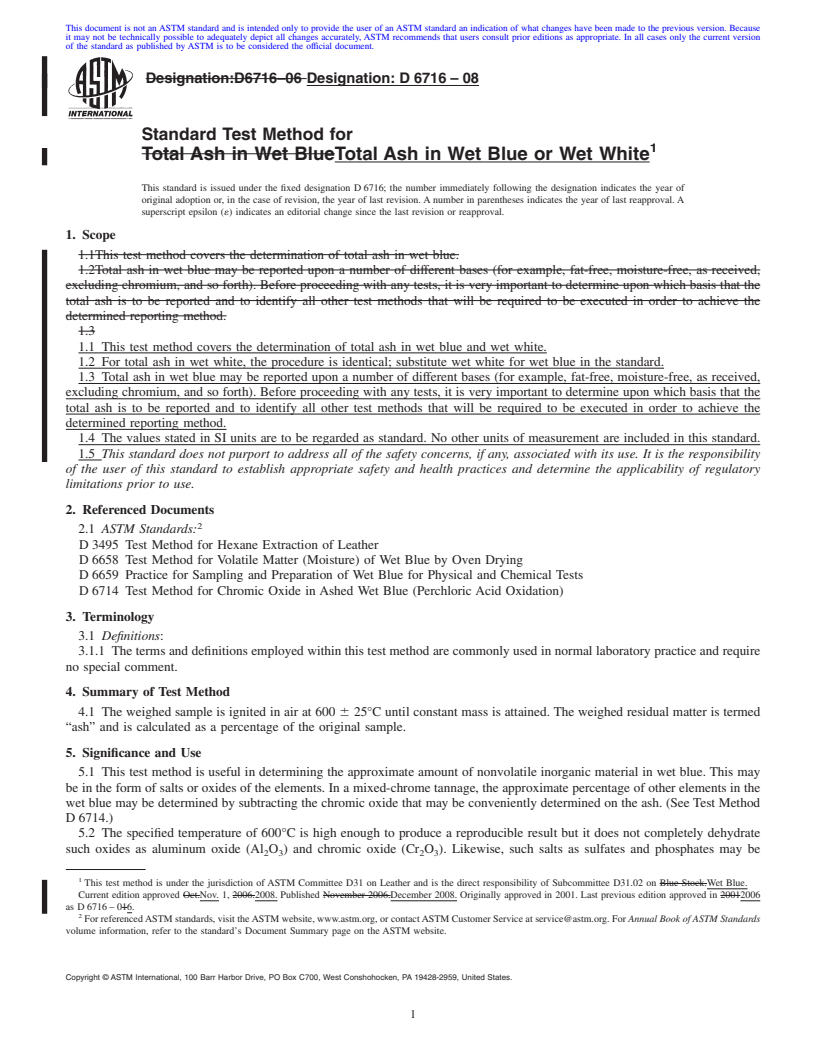 REDLINE ASTM D6716-08 - Standard Test Method for Total Ash in Wet Blue