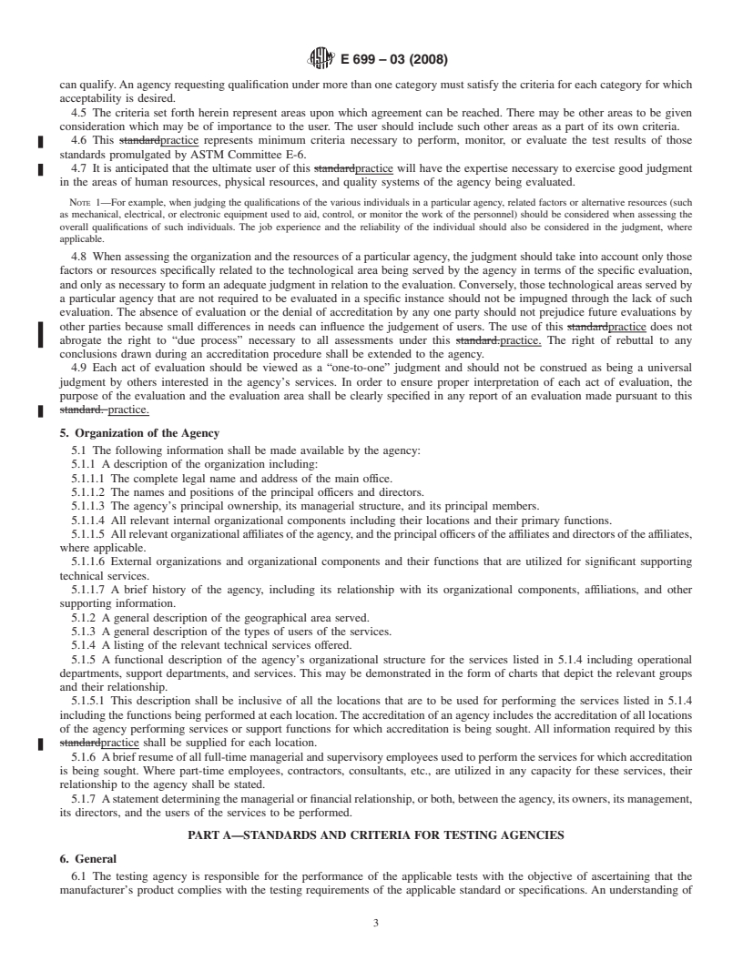 REDLINE ASTM E699-03(2008) - Standard Practice for Evaluation of Agencies Involved in Testing, Quality Assurance, and Evaluating of Building Components