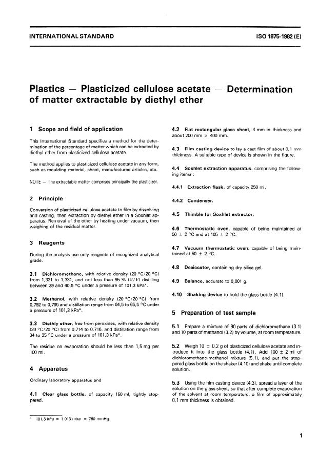 ISO 1875:1982 - Plastics -- Plasticized cellulose acetate -- Determination of matter extractable by diethyl ether