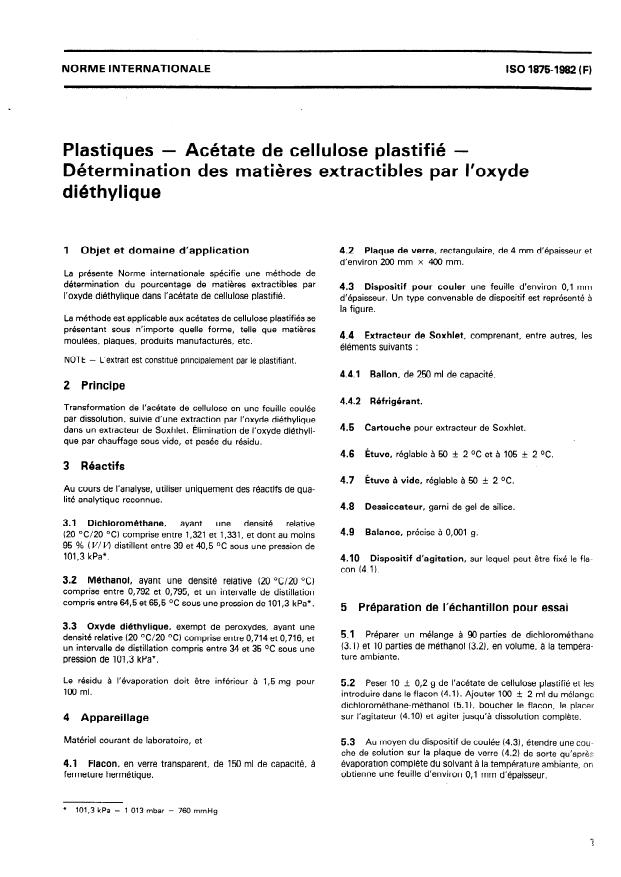 ISO 1875:1982 - Plastiques -- Acétate de cellulose plastifié -- Détermination des matieres extractibles par l'oxyde diéthylique