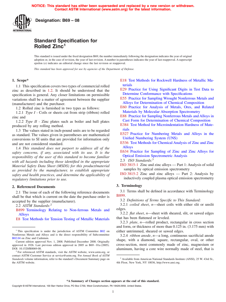 ASTM B69-08 - Standard Specification for Rolled Zinc