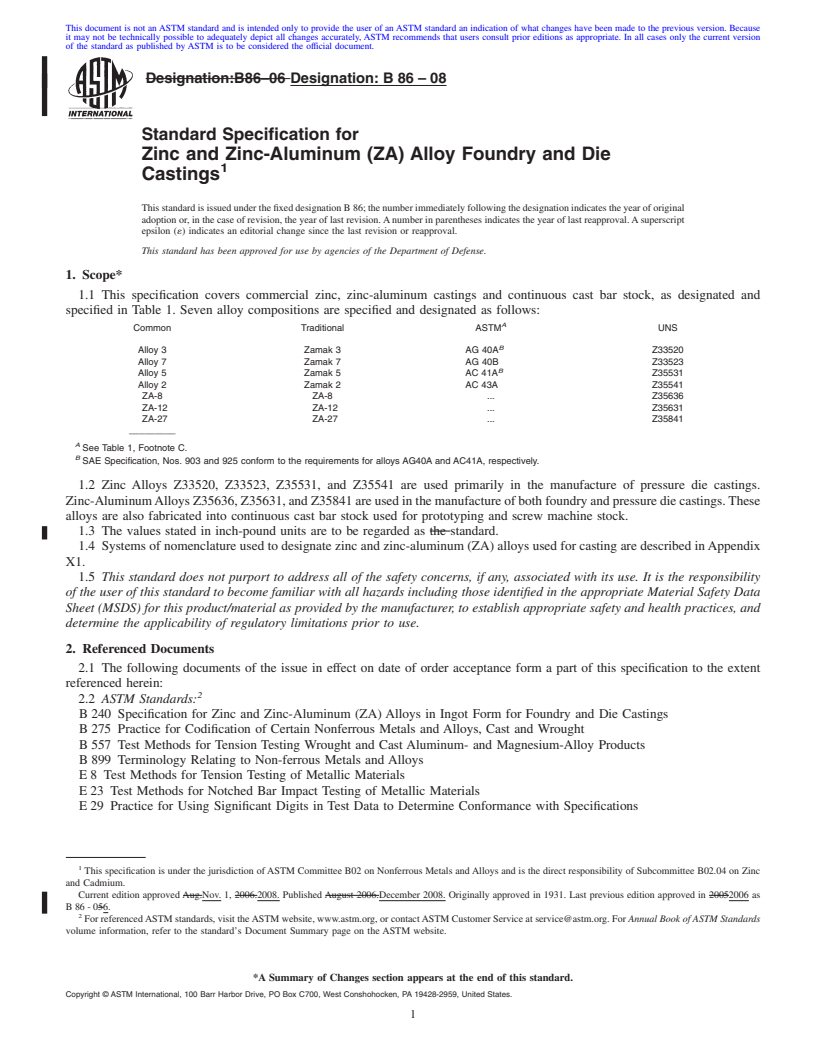 REDLINE ASTM B86-08 - Standard Specification for Zinc and Zinc-Aluminum (ZA) Alloy Foundry and Die Castings