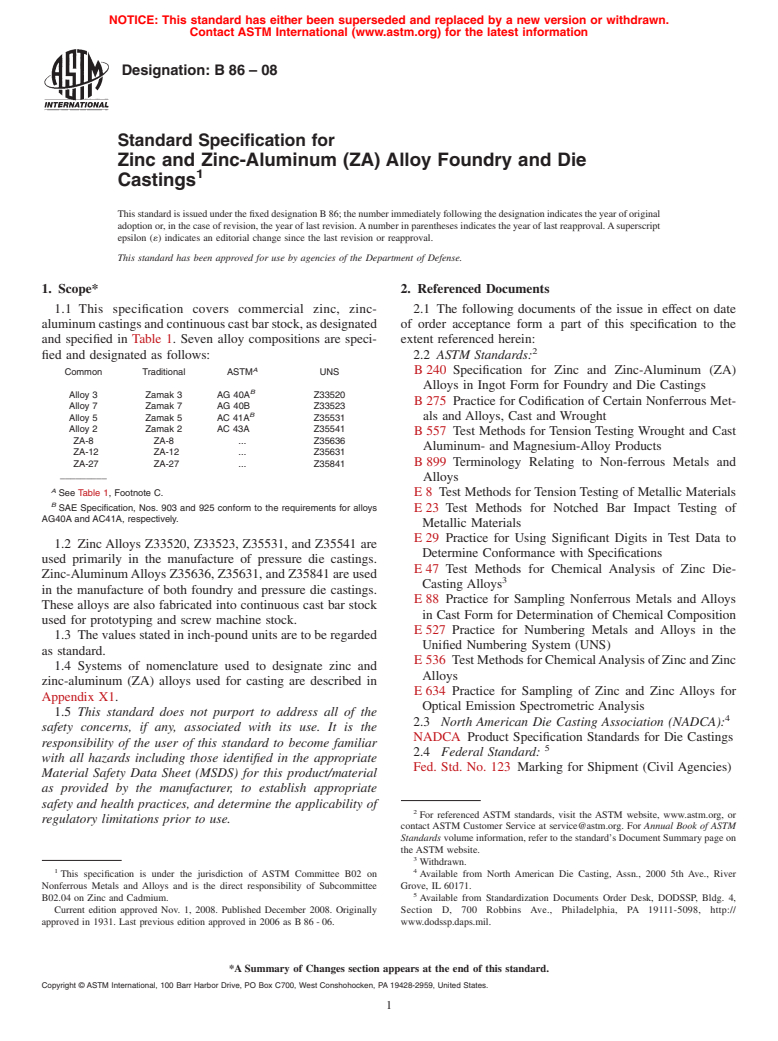 ASTM B86-08 - Standard Specification for Zinc and Zinc-Aluminum (ZA) Alloy Foundry and Die Castings