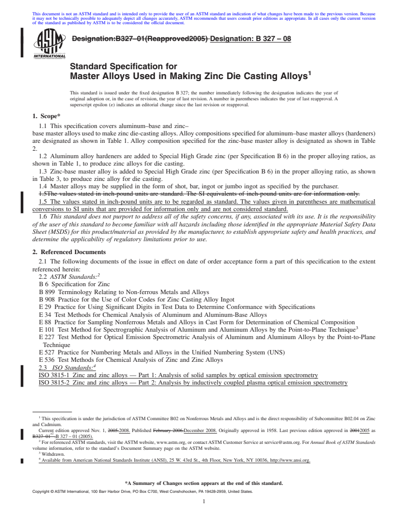 REDLINE ASTM B327-08 - Standard Specification for Master Alloys Used in Making Zinc Die Casting Alloys