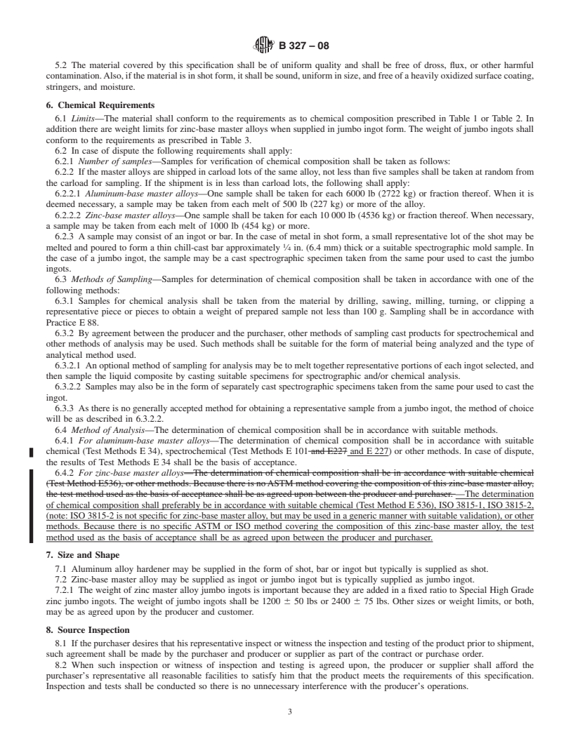 REDLINE ASTM B327-08 - Standard Specification for Master Alloys Used in Making Zinc Die Casting Alloys