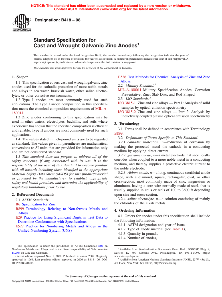 ASTM B418-08 - Standard Specification for Cast and Wrought Galvanic Zinc Anodes