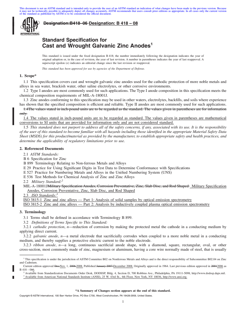 REDLINE ASTM B418-08 - Standard Specification for Cast and Wrought Galvanic Zinc Anodes