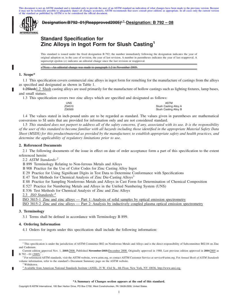 REDLINE ASTM B792-08 - Standard Specification for Zinc Alloys in Ingot Form for Slush Casting