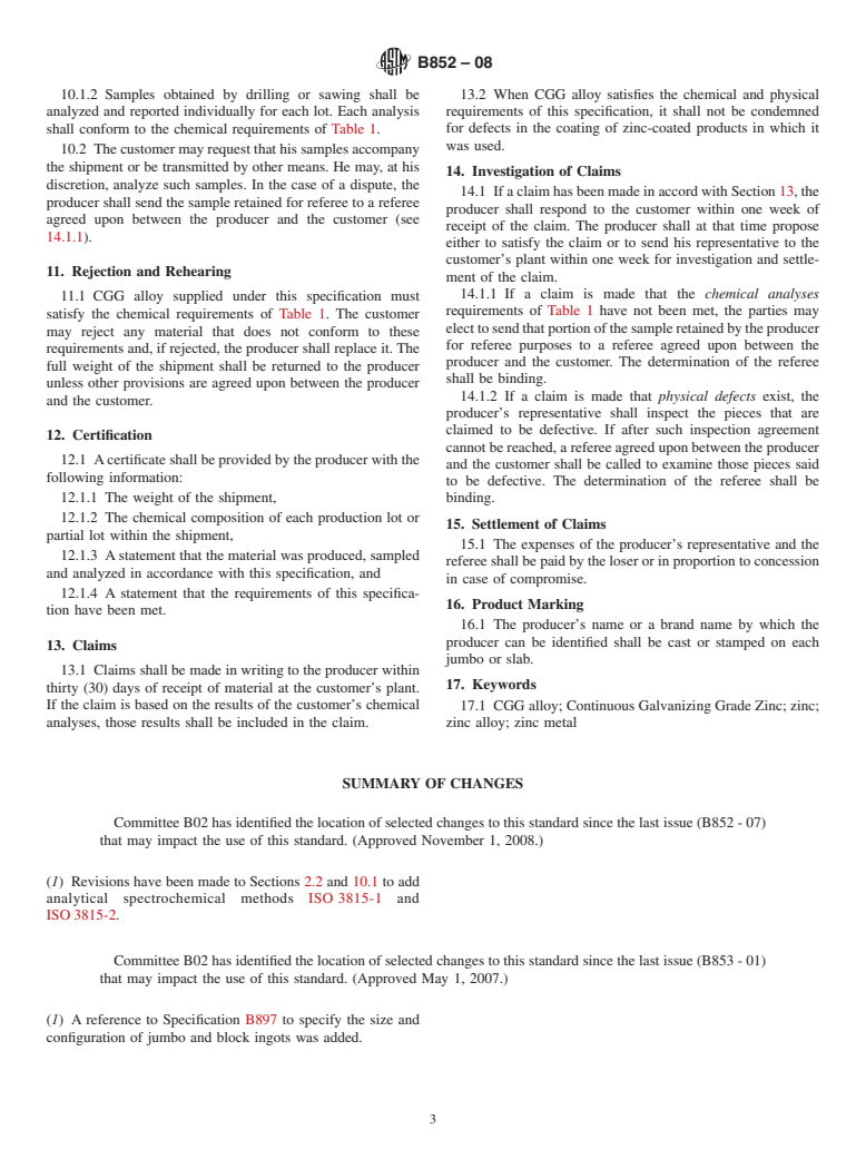 ASTM B852-08 - Standard Specification for Continuous Galvanizing Grade (CGG) Zinc Alloys for Hot-Dip Galvanizing of Sheet Steel