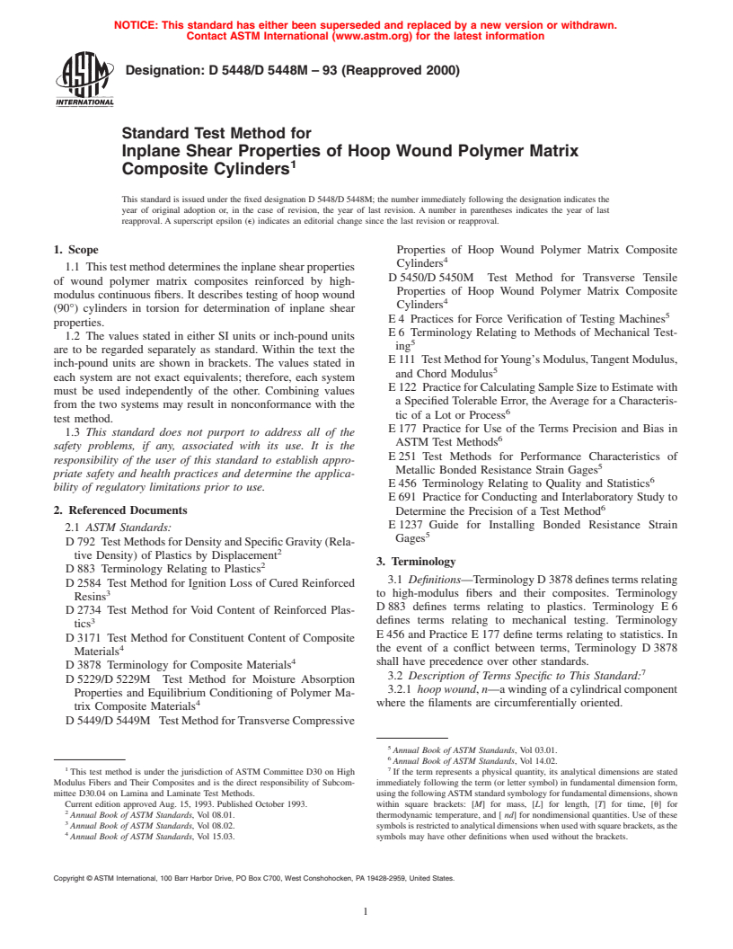 ASTM D5448/D5448M-93(2000) - Standard Test Method for Inplane Shear Properties of Hoop Wound Polymer Matrix Composite Cylinders