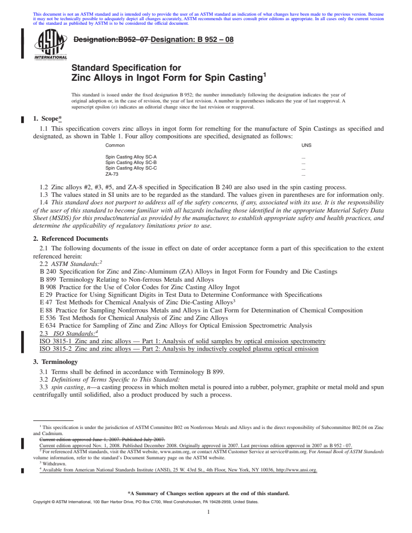 REDLINE ASTM B952-08 - Standard Specification for Zinc Alloys in Ingot Form for Spin Casting