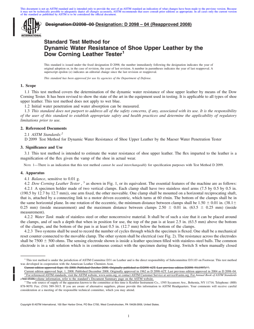 REDLINE ASTM D2098-04(2008) - Standard Test Method for Dynamic Water Resistance of Shoe Upper Leather by the Dow Corning Leather Tester