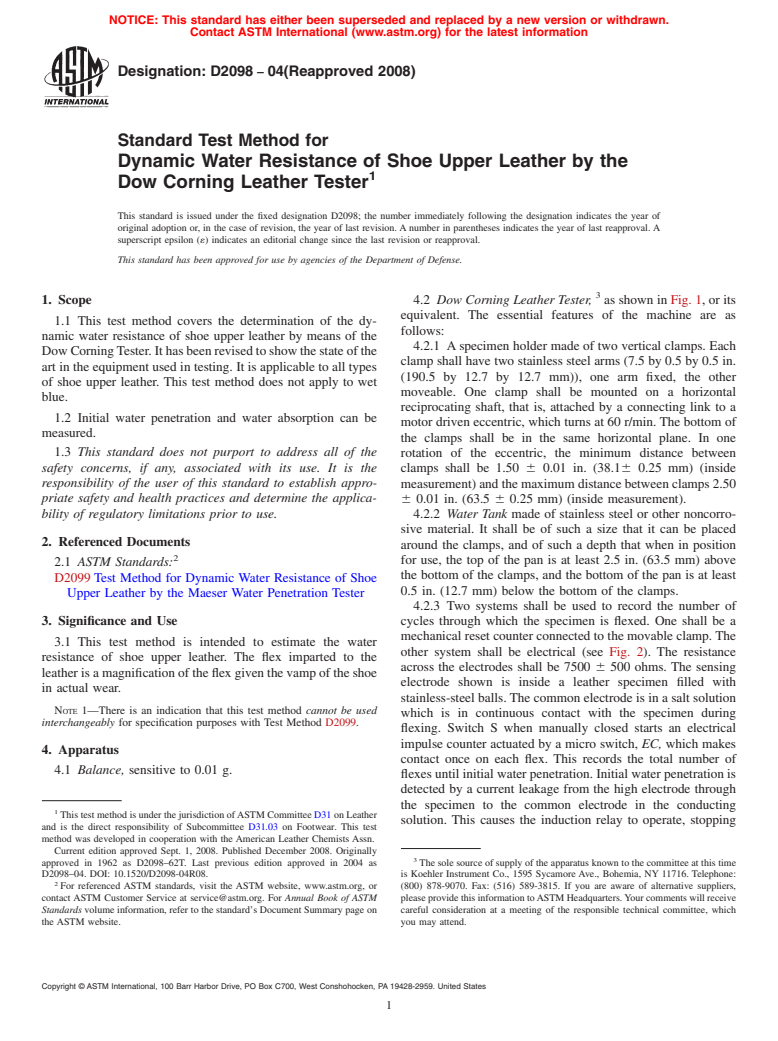 ASTM D2098-04(2008) - Standard Test Method for Dynamic Water Resistance of Shoe Upper Leather by the Dow Corning Leather Tester