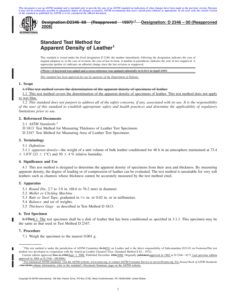 REDLINE ASTM D2346-00(2008) - Standard Test Method for Apparent Density of Leather