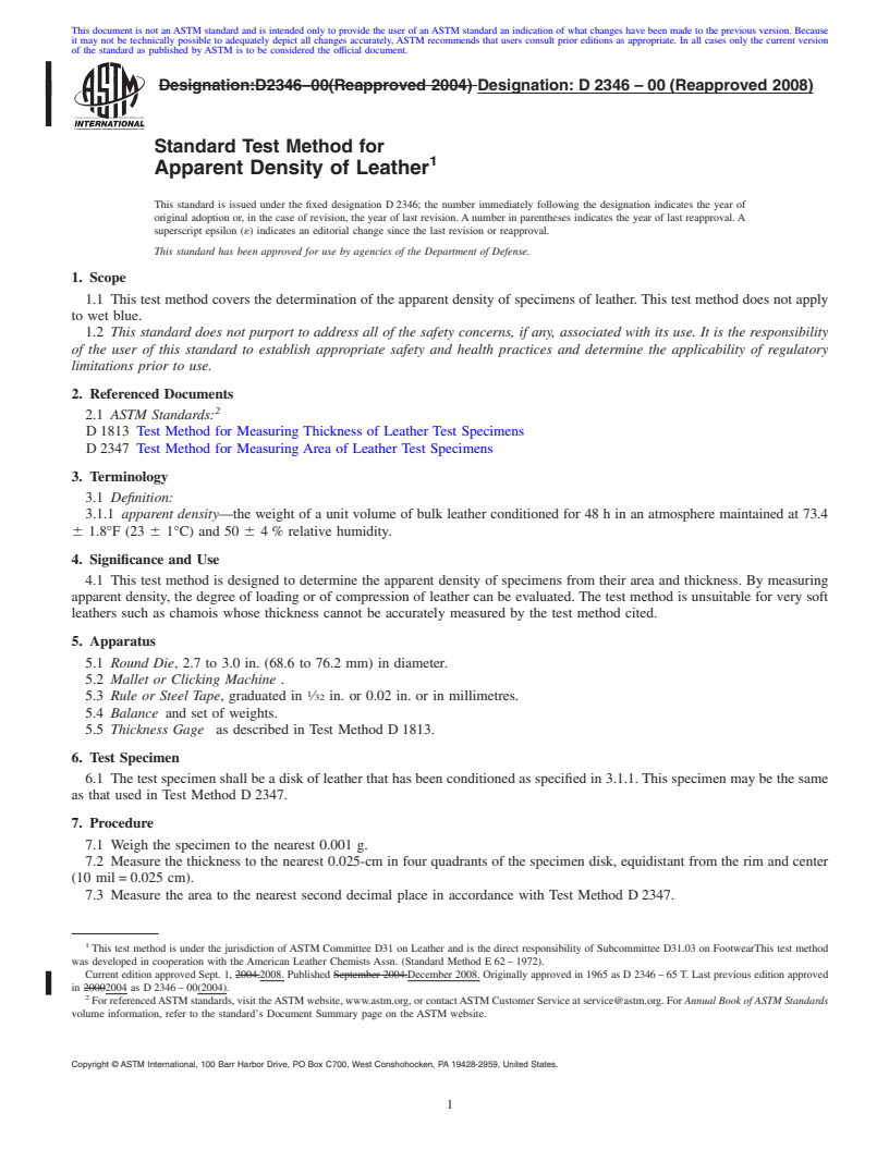 REDLINE ASTM D2346-00(2008) - Standard Test Method for Apparent Density of Leather