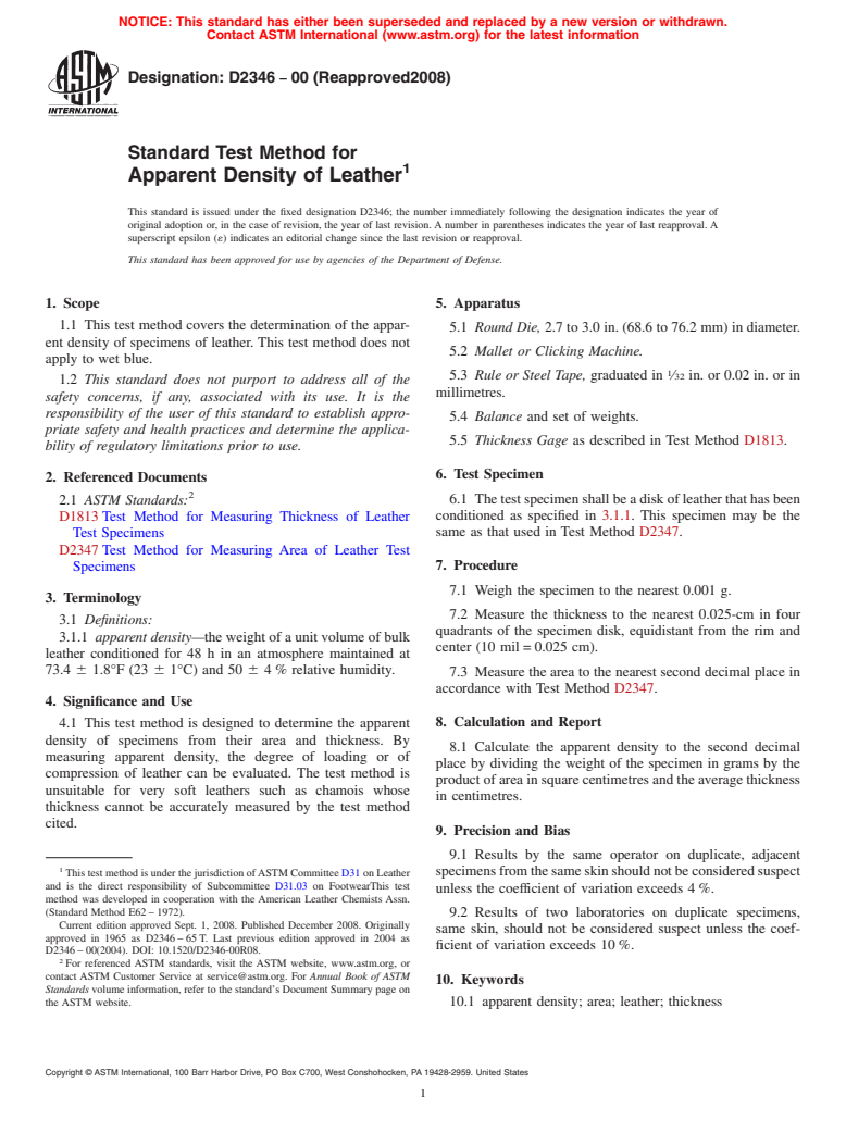 ASTM D2346-00(2008) - Standard Test Method for Apparent Density of Leather