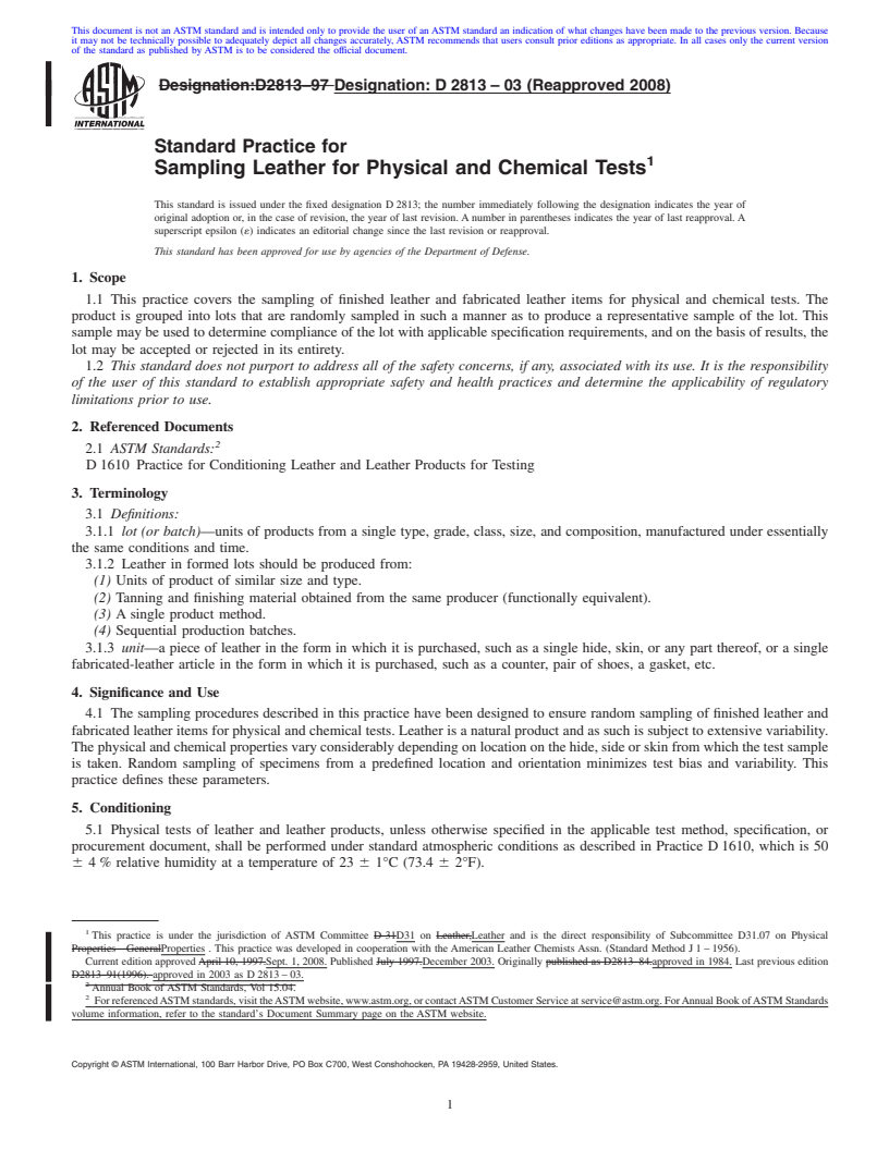 REDLINE ASTM D2813-03(2008) - Standard Practice for Sampling Leather for Physical and Chemical Tests