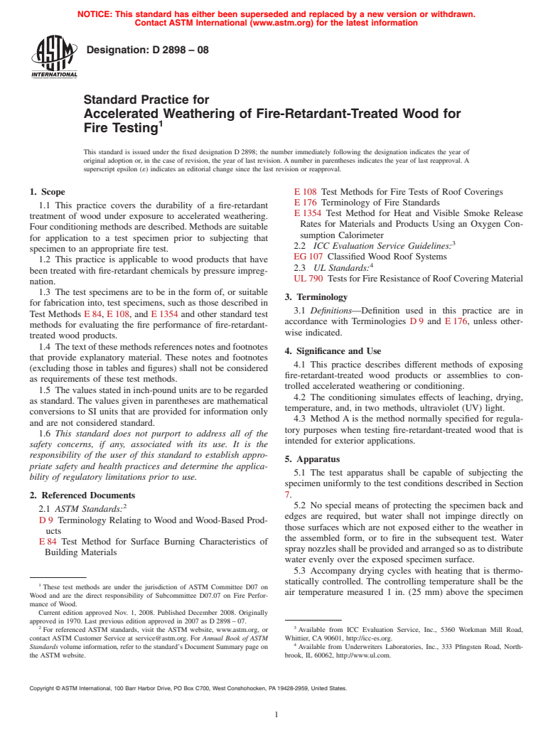 ASTM D2898-08 - Standard Practice for Accelerated Weathering of Fire-Retardant-Treated Wood for Fire Testing