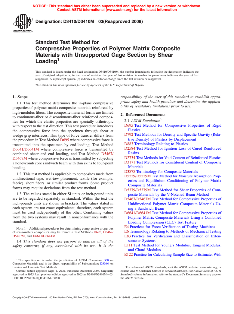 ASTM D3410/D3410M-03(2008) - Standard Test Method for Compressive Properties of Polymer Matrix Composite Materials with Unsupported Gage Section by Shear Loading