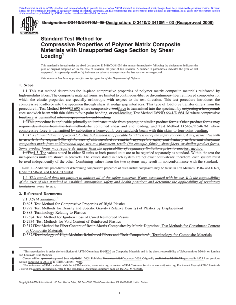 REDLINE ASTM D3410/D3410M-03(2008) - Standard Test Method for Compressive Properties of Polymer Matrix Composite Materials with Unsupported Gage Section by Shear Loading