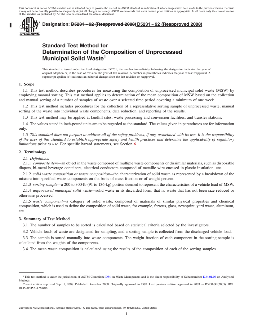 REDLINE ASTM D5231-92(2008) - Standard Test Method for Determination of the Composition of Unprocessed Municipal Solid Waste