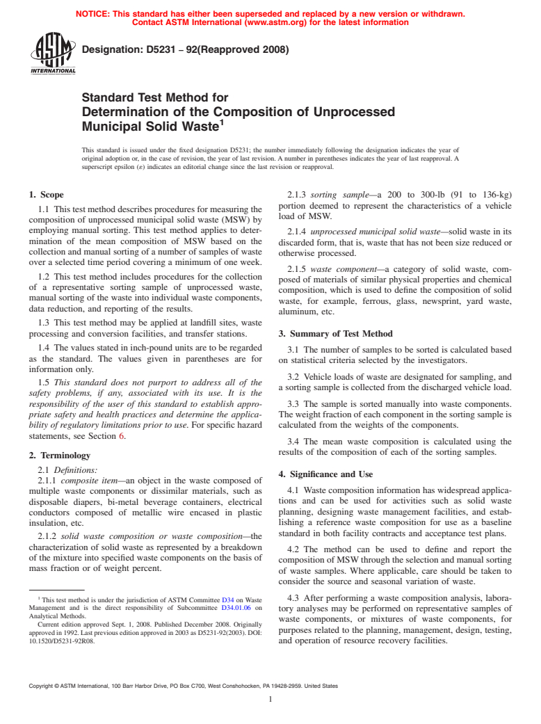 ASTM D5231-92(2008) - Standard Test Method for Determination of the Composition of Unprocessed Municipal Solid Waste