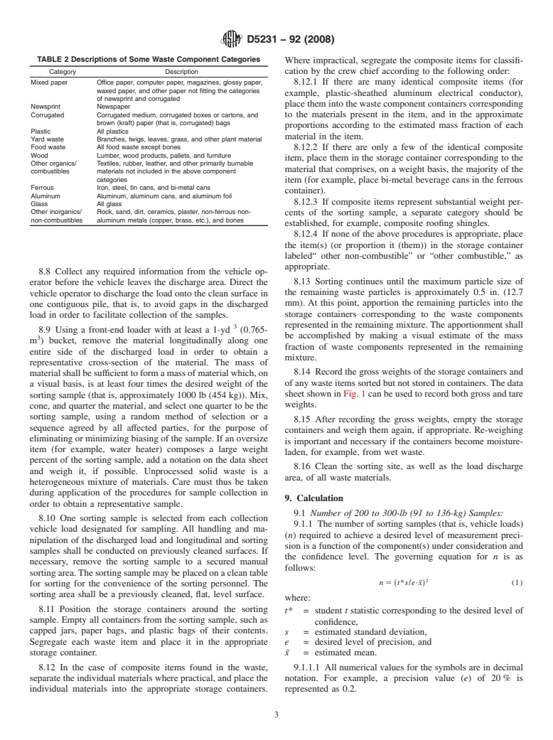 ASTM D5231-92(2008) - Standard Test Method for Determination of the Composition of Unprocessed Municipal Solid Waste