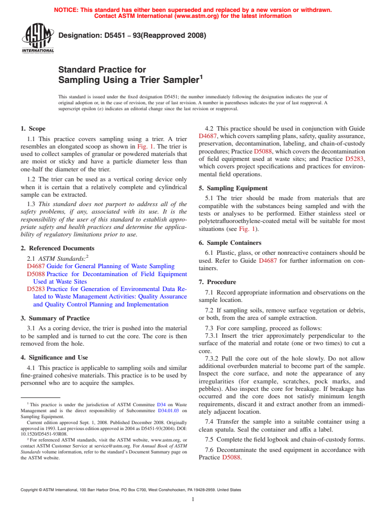 ASTM D5451-93(2008) - Standard Practice for Sampling Using a Trier Sampler