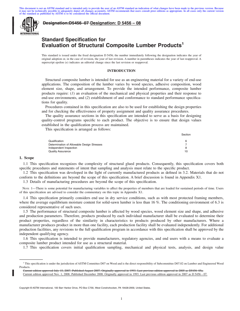 REDLINE ASTM D5456-08 - Standard Specification for Evaluation of Structural Composite Lumber Products