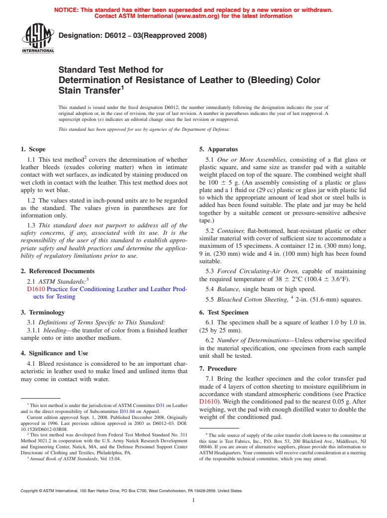 ASTM D6012-03(2008) - Standard Test Method for Determination of Resistance of  Leather to (Bleeding) Color Stain Transfer